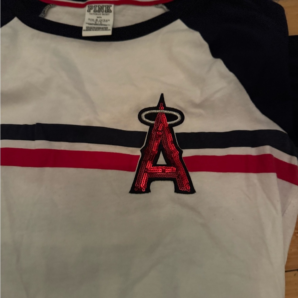 PINK Victoria's Secret White Angels Tee with Red and Black Accents